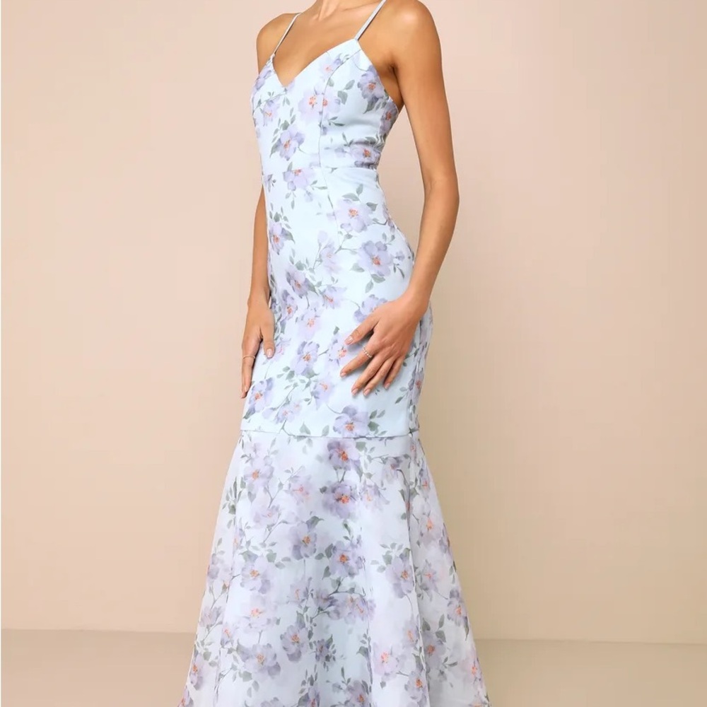 Lulus Pure Splendor Light Blue Floral Organza Trumpet Maxi Dress - Picture 4 of 5